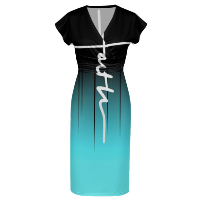 Black Turquoise Gradient Cap Sleeve V-Neck Midi Dress ACF864