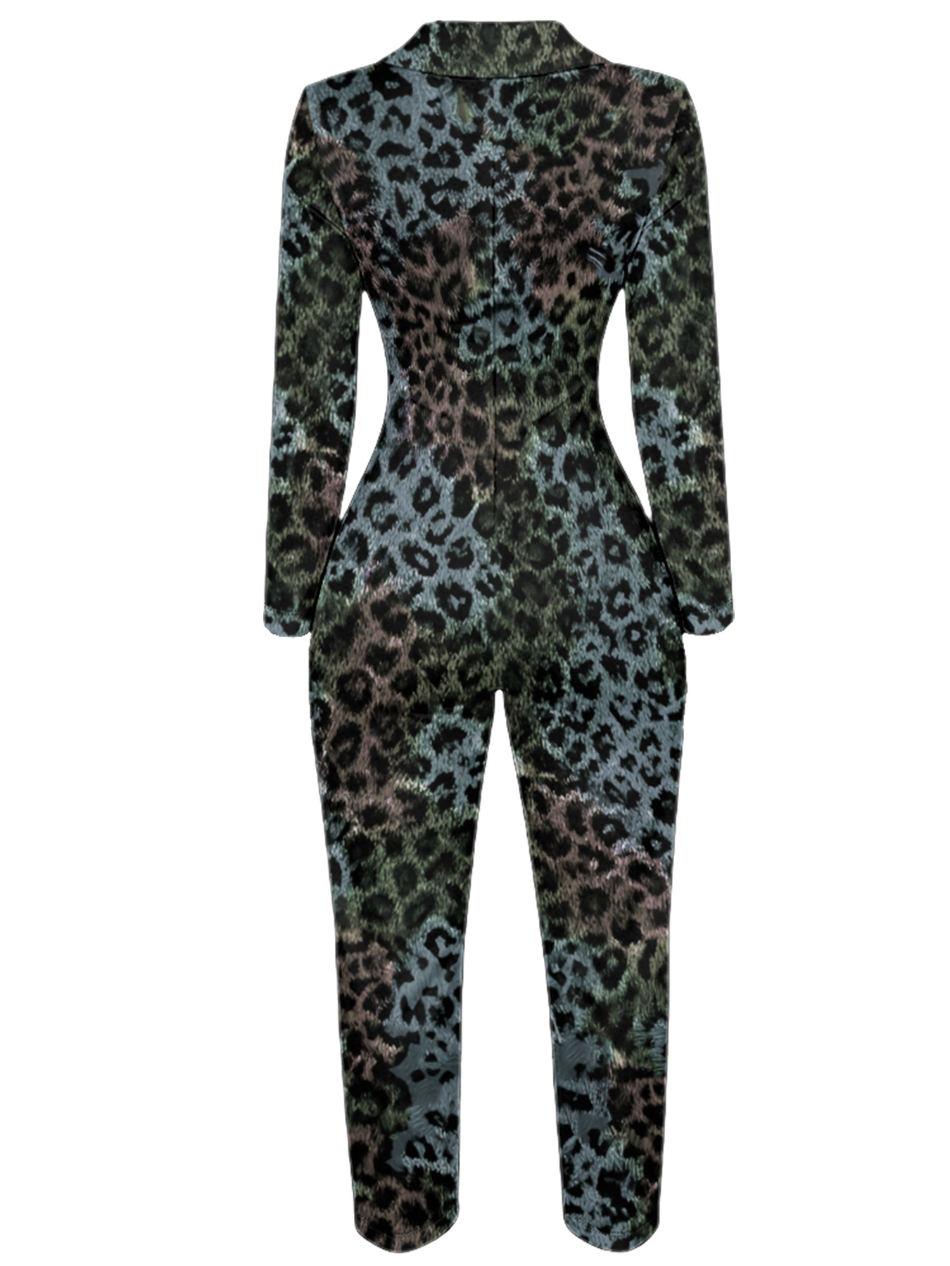 Teal Leopard Long Sleeve Zip-Up Jumpsuit 