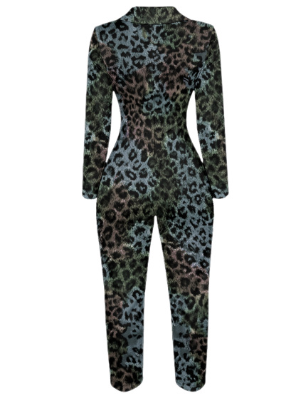 Teal Leopard Long Sleeve Zip-Up Jumpsuit 