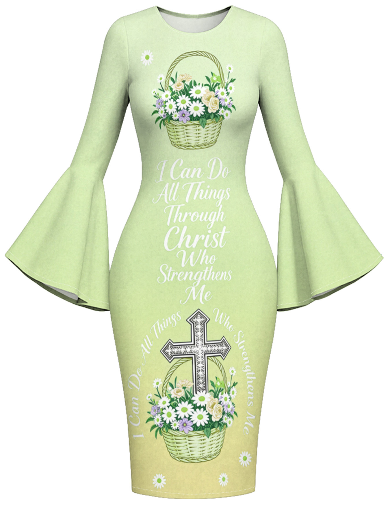 Light Green Floral Basket Cross Easter Flare Sleeve Bodycon Midi Dress