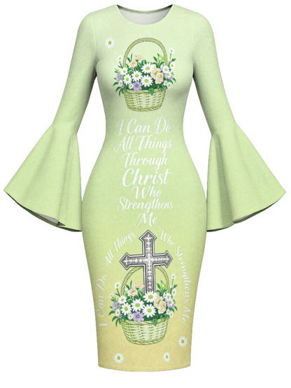 Light Green Floral Basket Cross Easter Flare Sleeve Bodycon Midi Dress