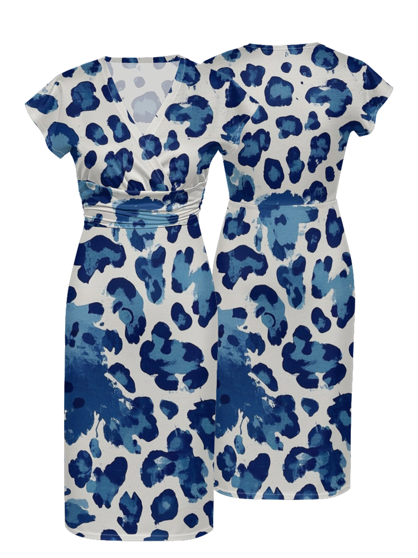 Blue & White Watercolor Cap Sleeve V-Neck Midi Dress IUJH8931