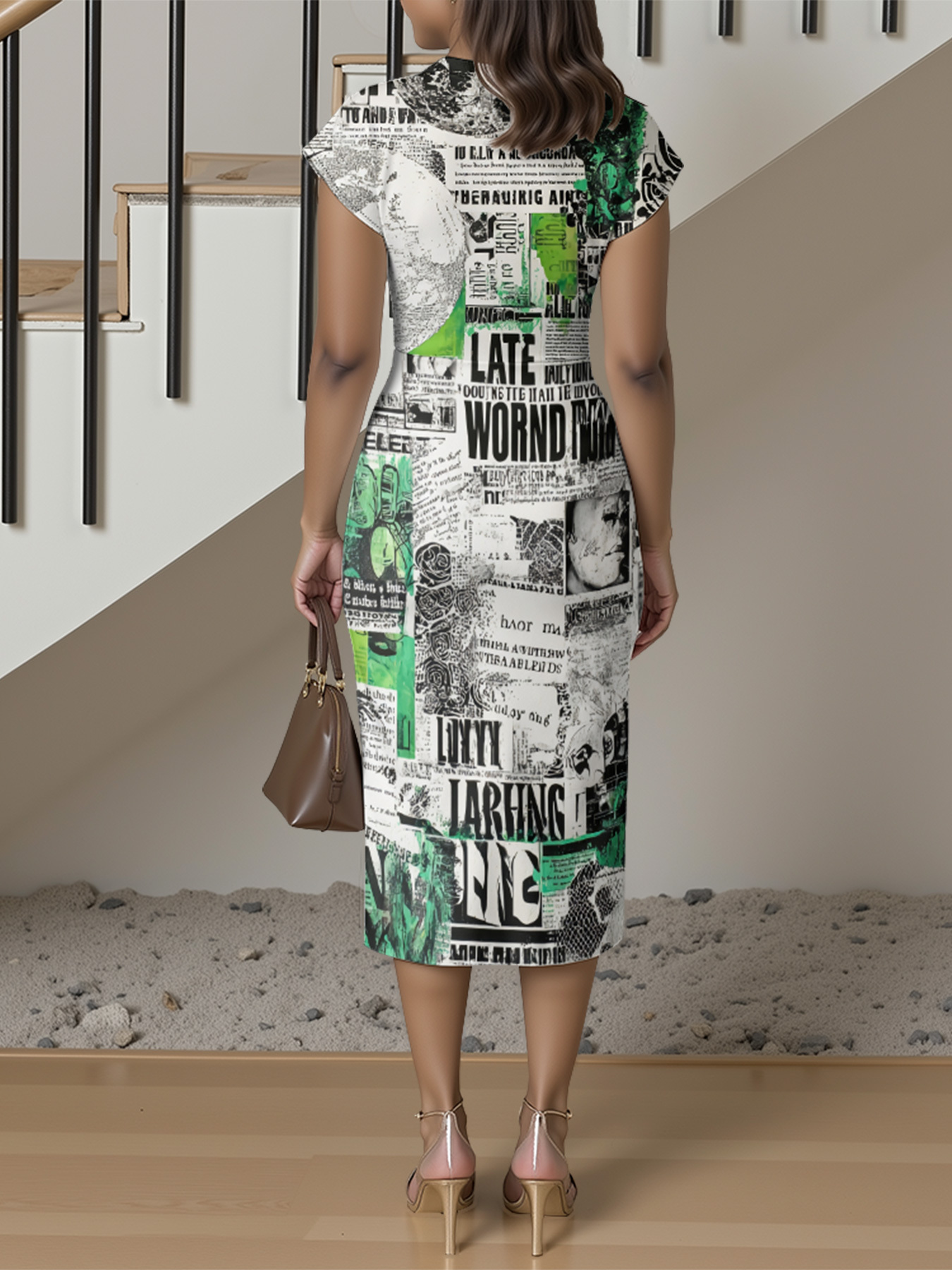 Green Newspaper Cap Sleeve V-Neck Midi Dress