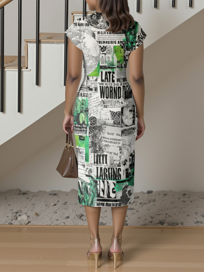 Green Newspaper Cap Sleeve V-Neck Midi Dress
