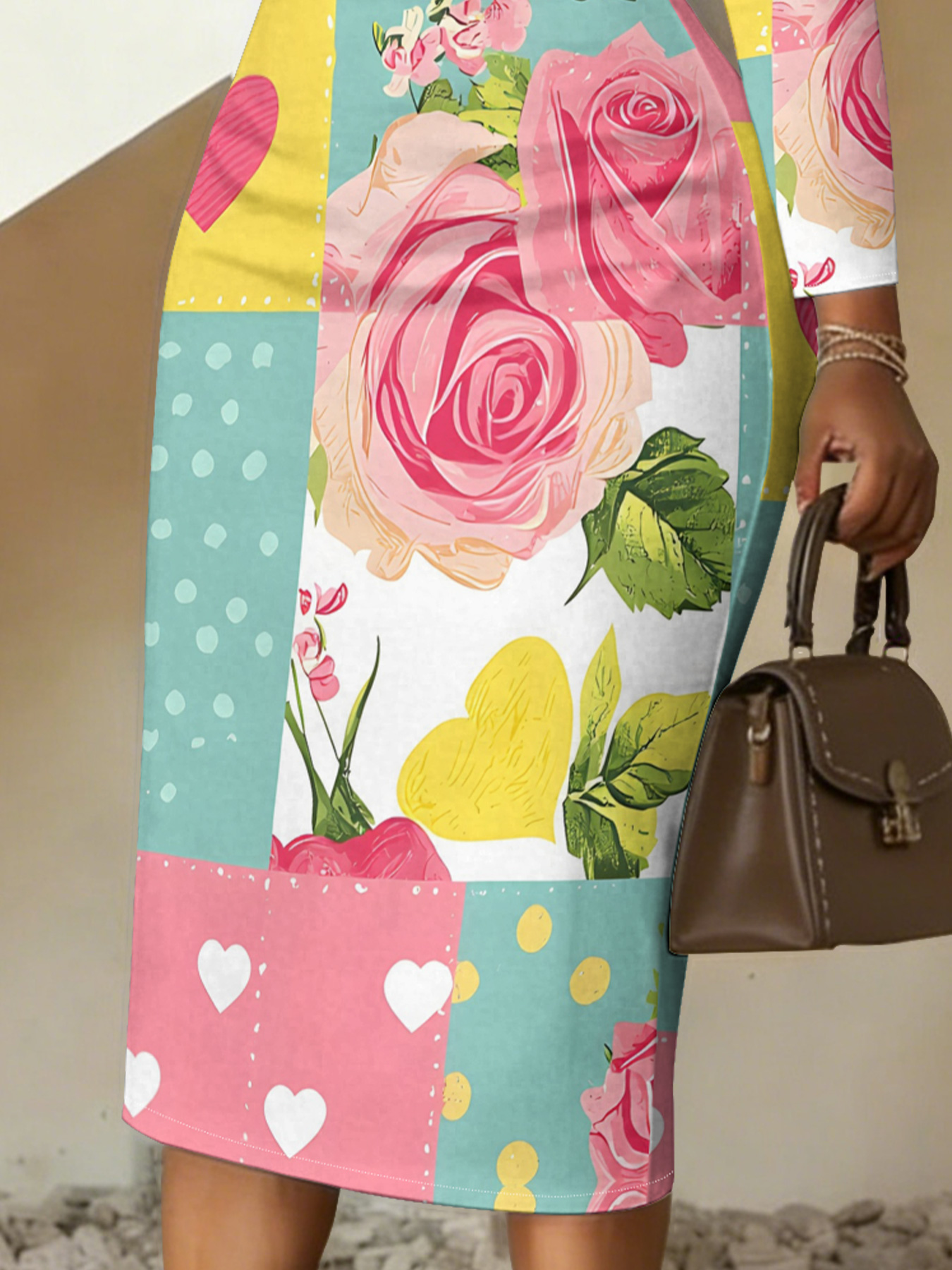 Pastel Patchwork Rose V-Neck Bodycon Midi Dress