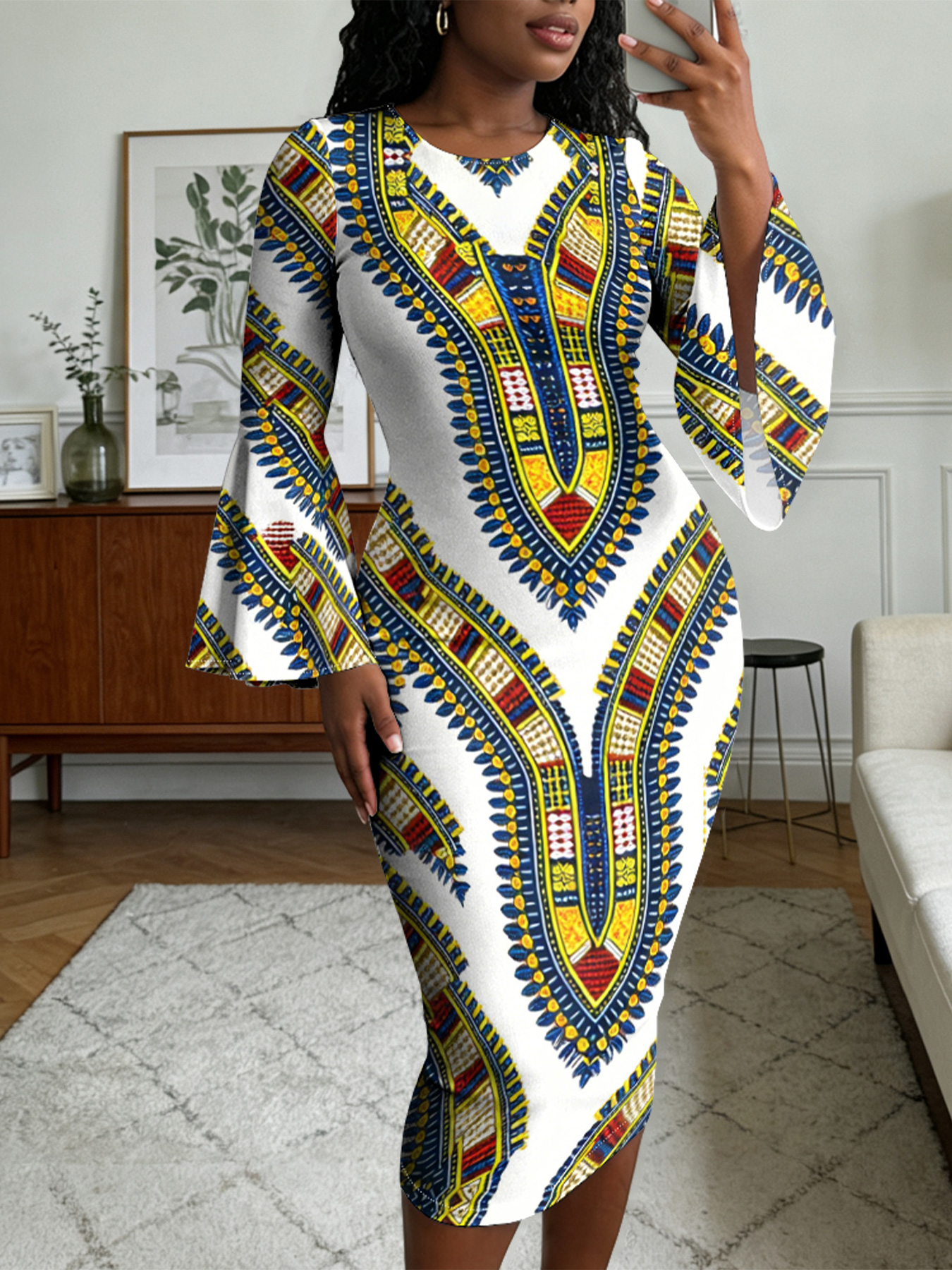 White Dashiki Print Bell Flare Sleeve Bodycon Midi Dress