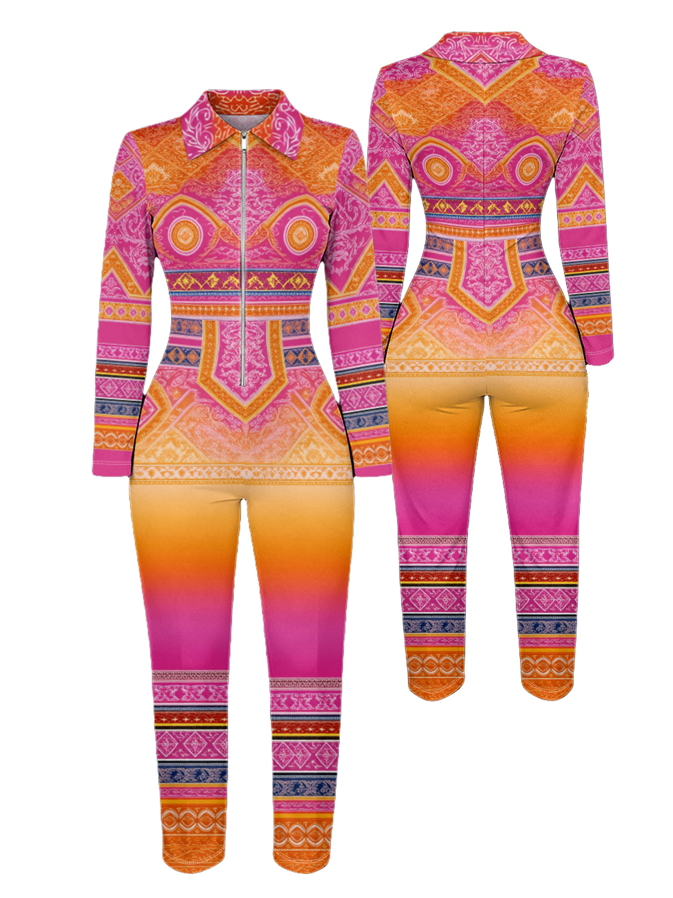 Pink Orange Boho Tribal Long Sleeve Zip-Up Jumpsuit 