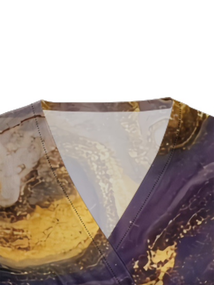 Purple & Gold Galaxy Marble Cap Sleeve V-Neck Midi Dress