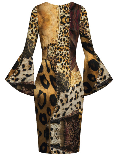 Leopard Patchwork Flare Sleeve Bodycon Midi Dress