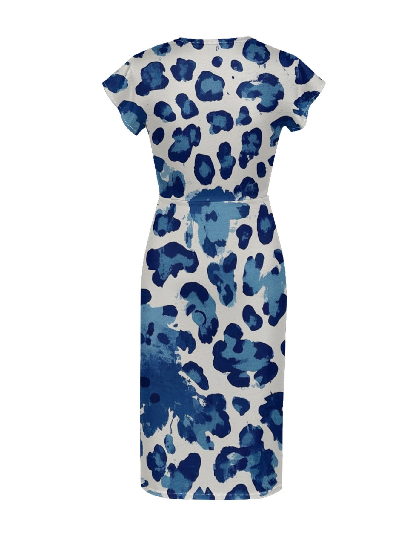 Blue & White Watercolor Cap Sleeve V-Neck Midi Dress IUJH8931