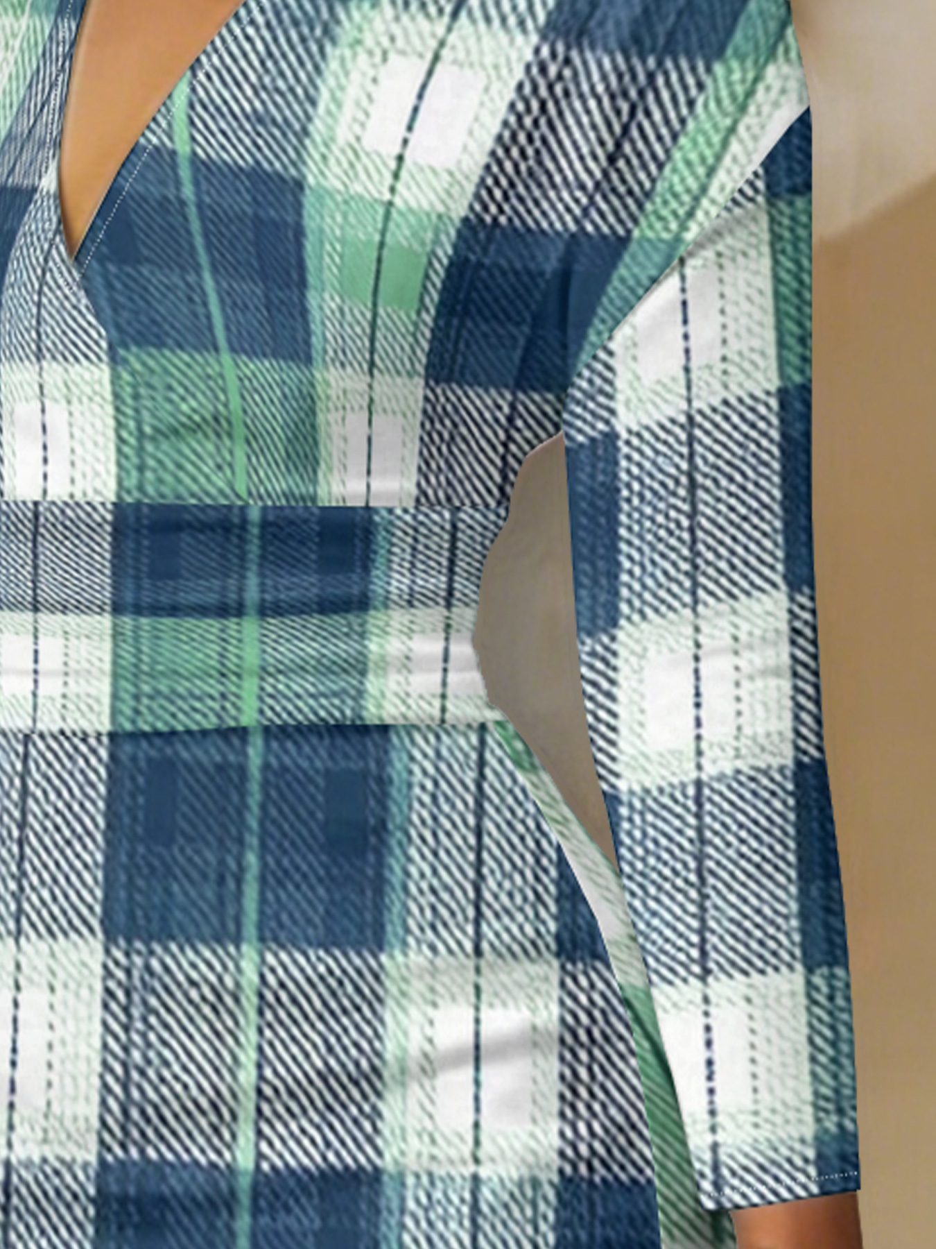 Blue & Green Plaid V-Neck Bodycon Midi Dress GNP1359