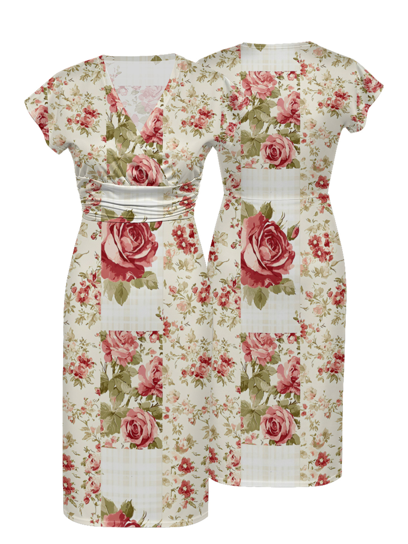 Vintage Rose Patchwork Cap Sleeve V-Neck Midi Dress IUO6821
