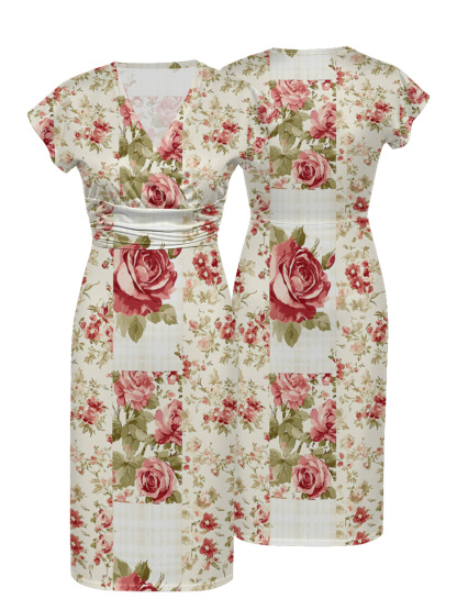 Vintage Rose Patchwork Cap Sleeve V-Neck Midi Dress IUO6821