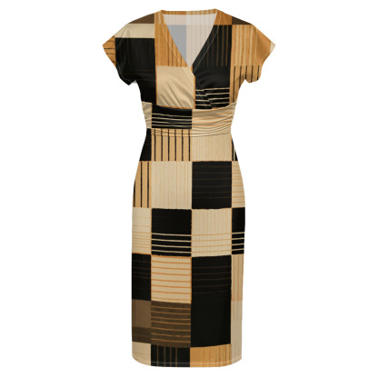 Black & Tan Geometric Patchwork Cap Sleeve V-Neck Midi Dress VTS714