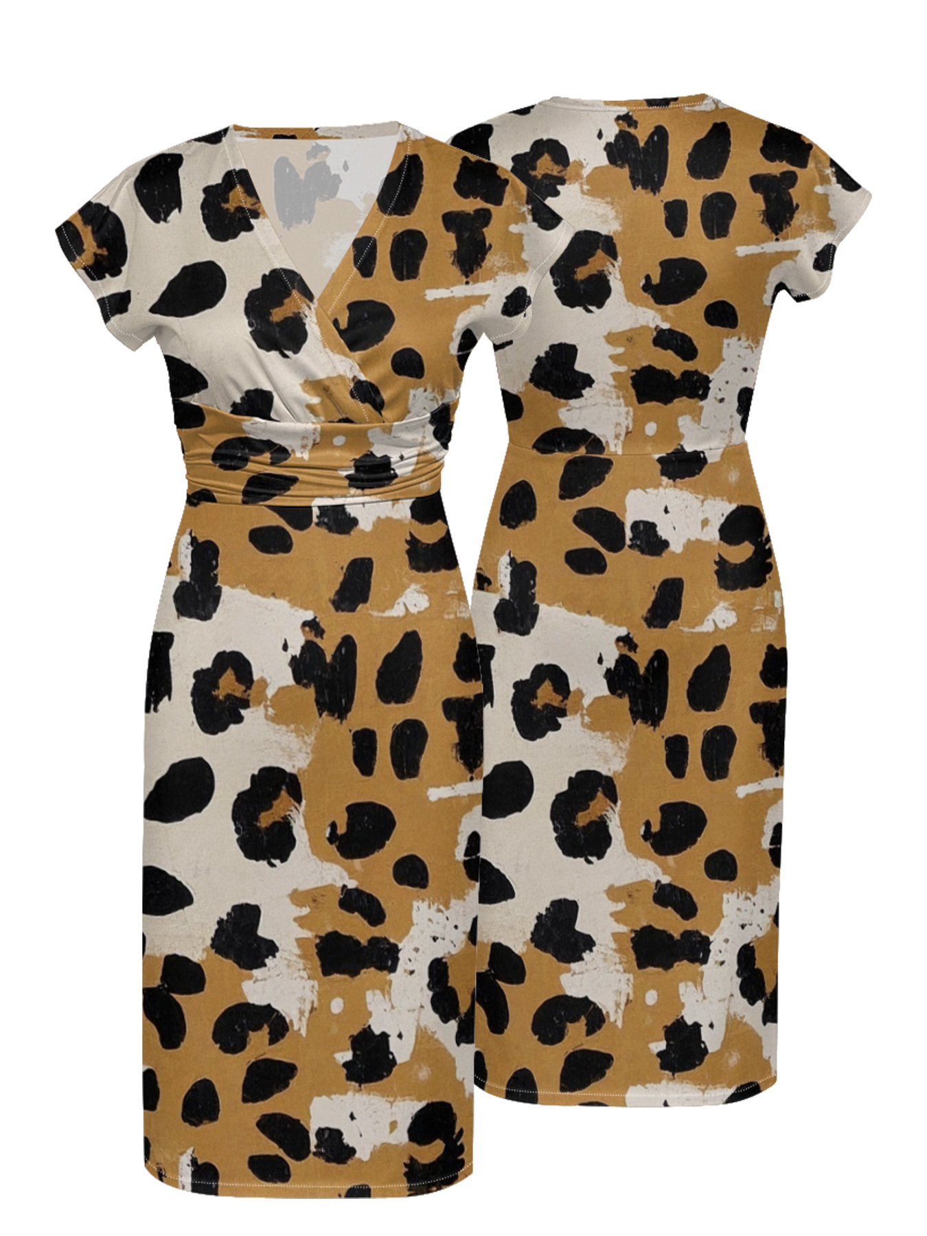 Mustard & White Watercolor Cap Sleeve V-Neck Midi Dress IUJH3156