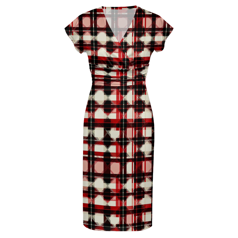 Red & Black Plaid Cap Sleeve V-Neck Midi Dress ZYR906