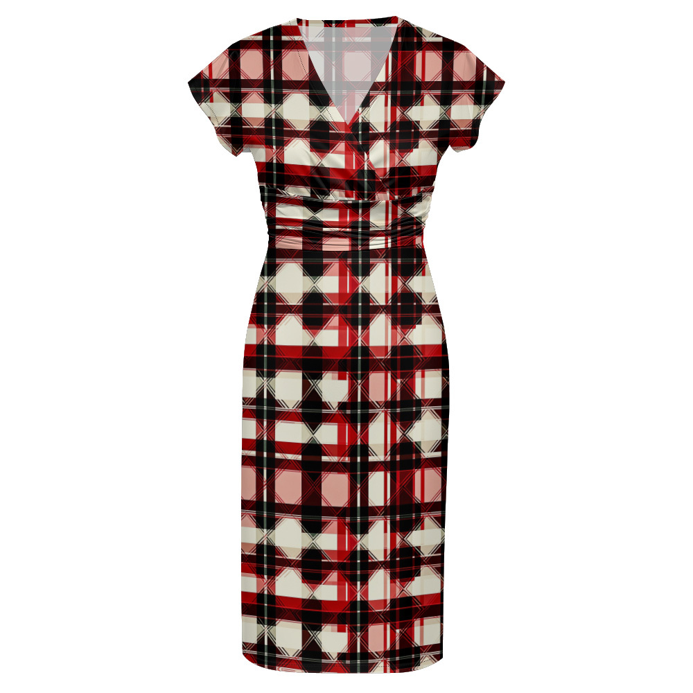 Red & Black Plaid Cap Sleeve V-Neck Midi Dress ZYR906
