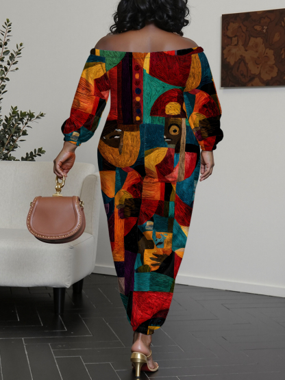 African Cubist Portrait Off-Shoulder Jumpsuit