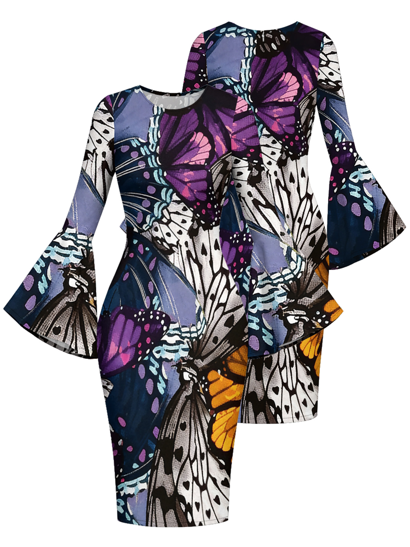 Vibrant Watercolor Butterfly Flare Sleeve Bodycon Midi Dress BHJ6251