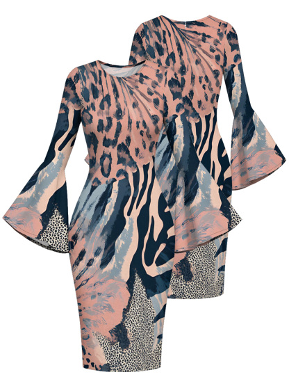 Pink & Navy Watercolor Animal Flare Sleeve Bodycon Midi Dress VWX7129