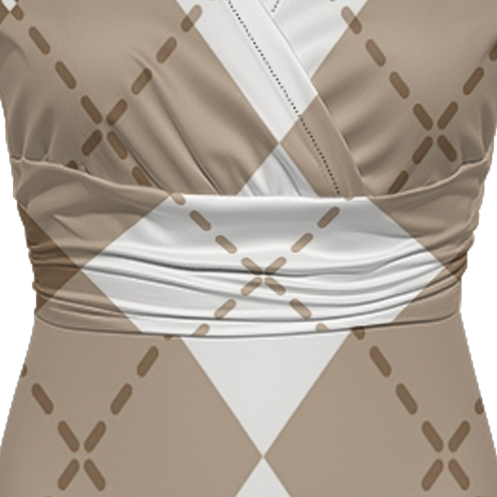 Beige & White Argyle Cap Sleeve V-Neck Midi Dress ZYT918