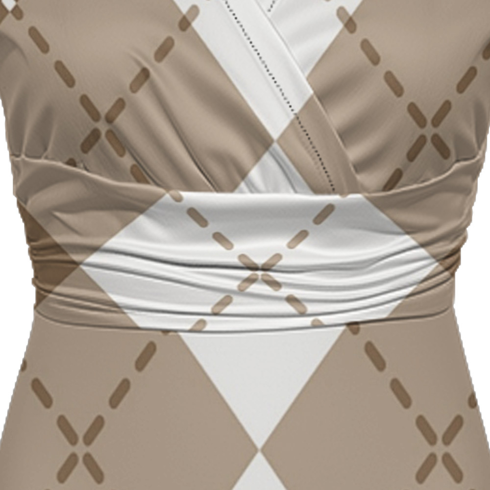 Beige & White Argyle Cap Sleeve V-Neck Midi Dress ZYT918