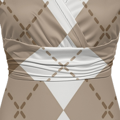 Beige & White Argyle Cap Sleeve V-Neck Midi Dress ZYT918