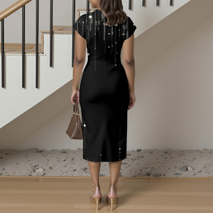 Black White Dot Stripe Cap Sleeve V-Neck Midi Dress BFI630