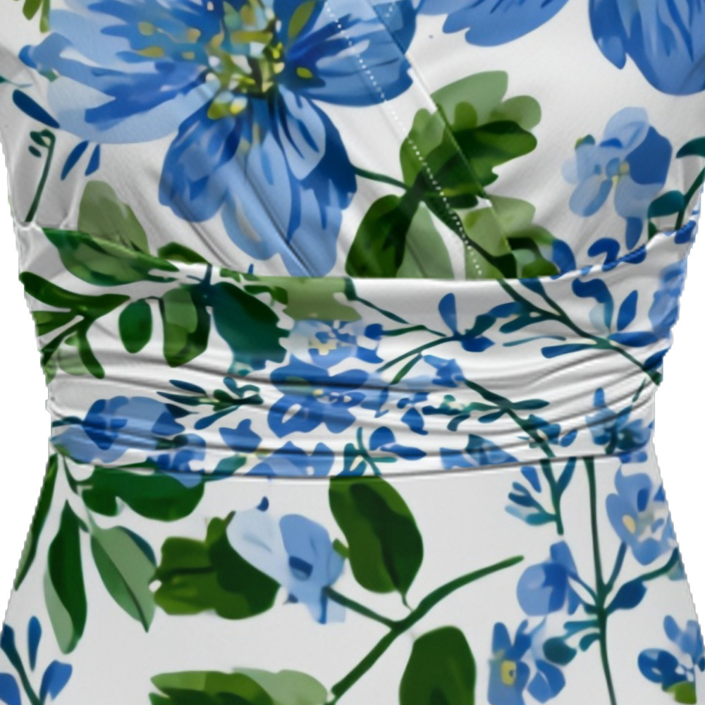 Blue Floral Watercolor Stripe Striped Cap Sleeve V-Neck Midi Dress ADG148