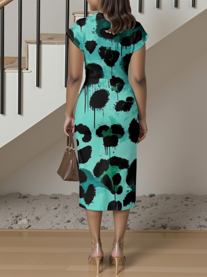 Mint & Black Abstract Ink Wrap Cap Sleeve V-Neck Midi Dress IUYU811