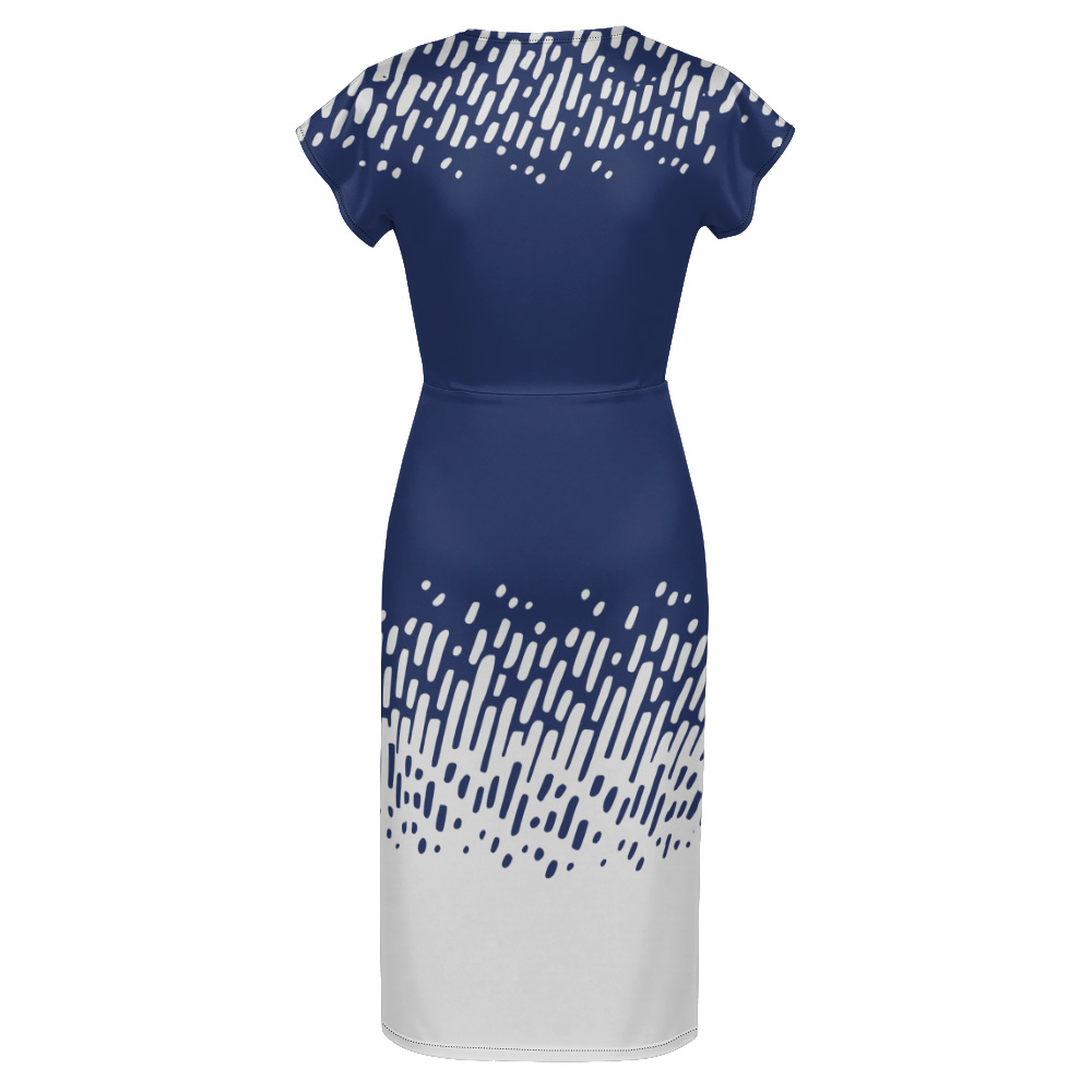 Navy White Brushstroke Cap Sleeve V-Neck Midi Dress CDE951