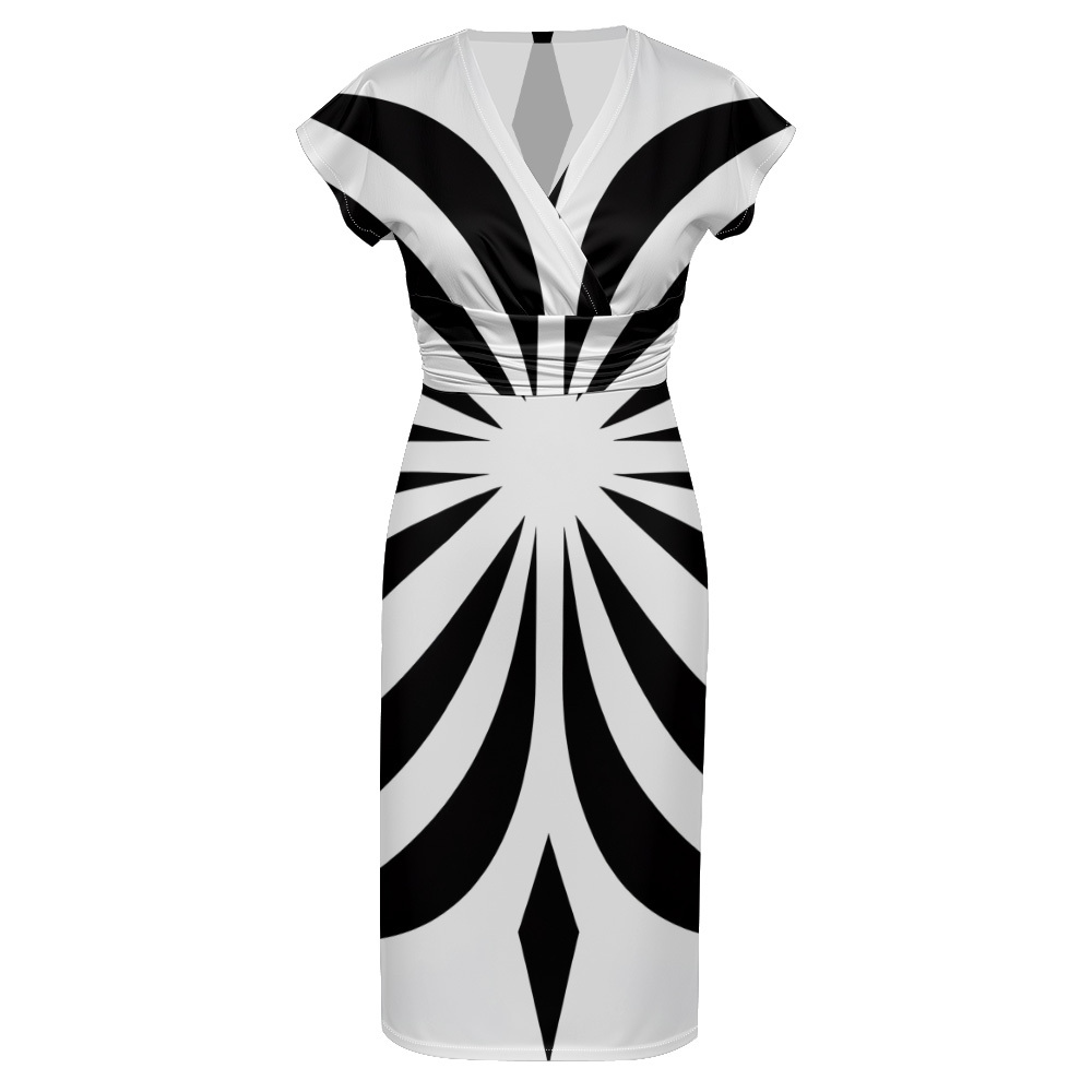 Black White Radial Cap Sleeve V-Neck Midi Dress BDG852