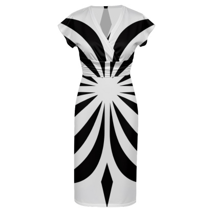 Black White Radial Cap Sleeve V-Neck Midi Dress BDG852