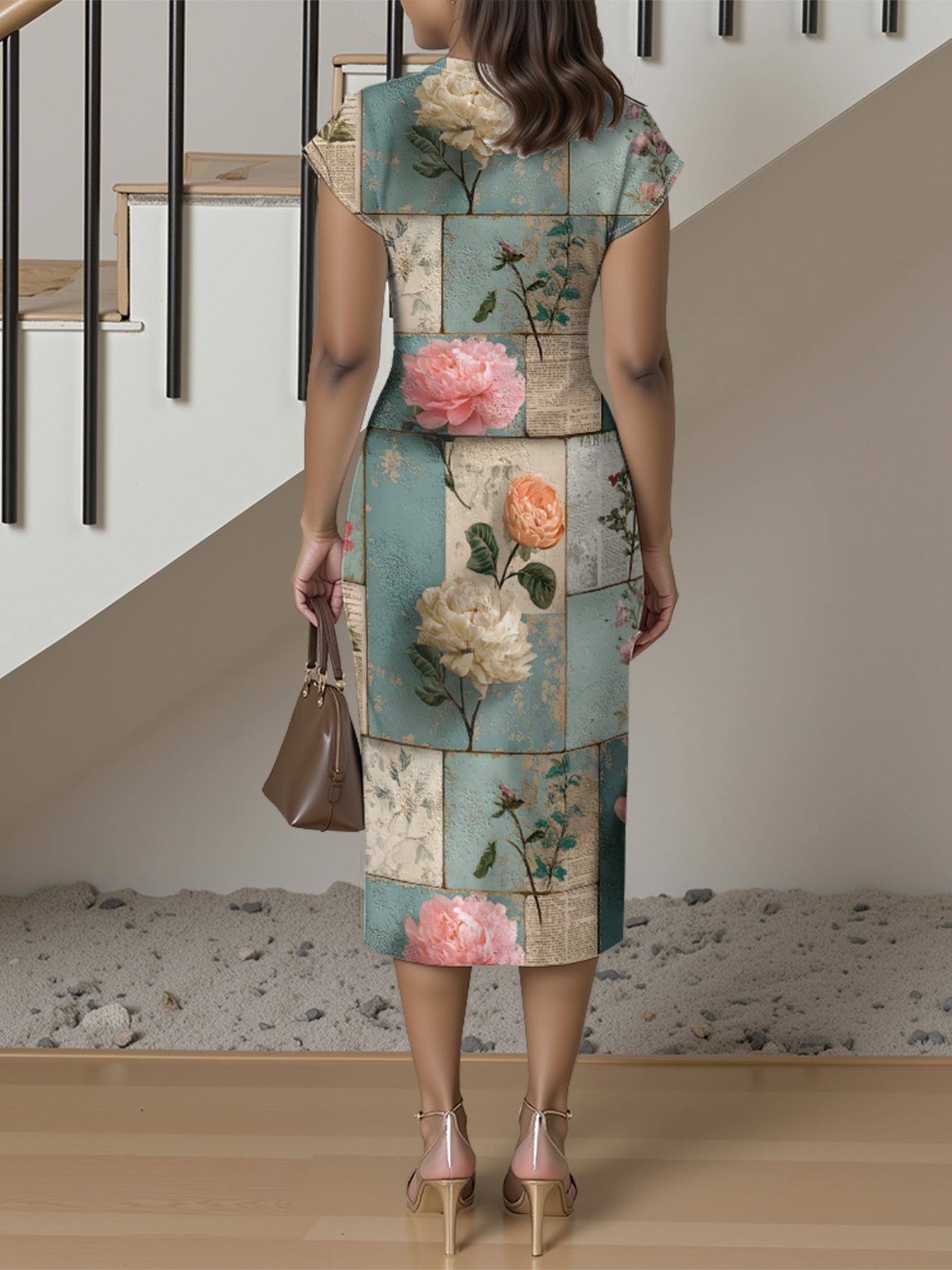 Vintage Blue Floral Newspaper Cap Sleeve V-Neck Midi Dress IUOP081