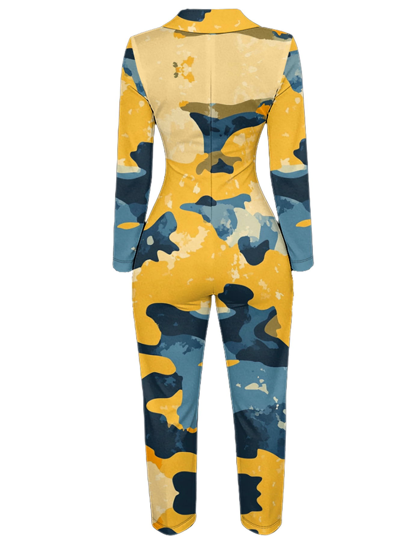 Yellow & Blue Camo Long Sleeve Zip-Up Jumpsuit 