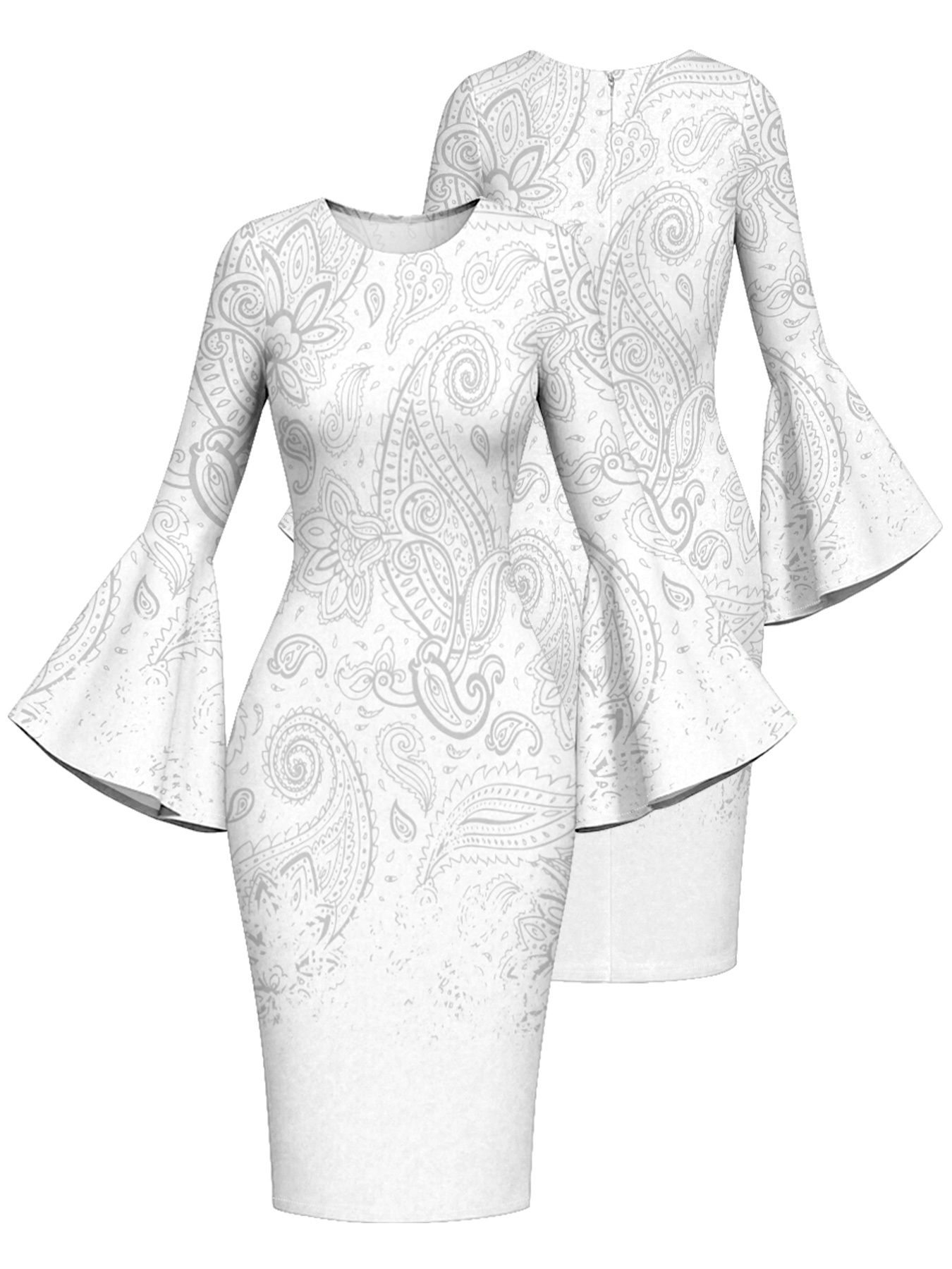 White Gradient Paisley Flare Sleeve Bodycon Midi Dress