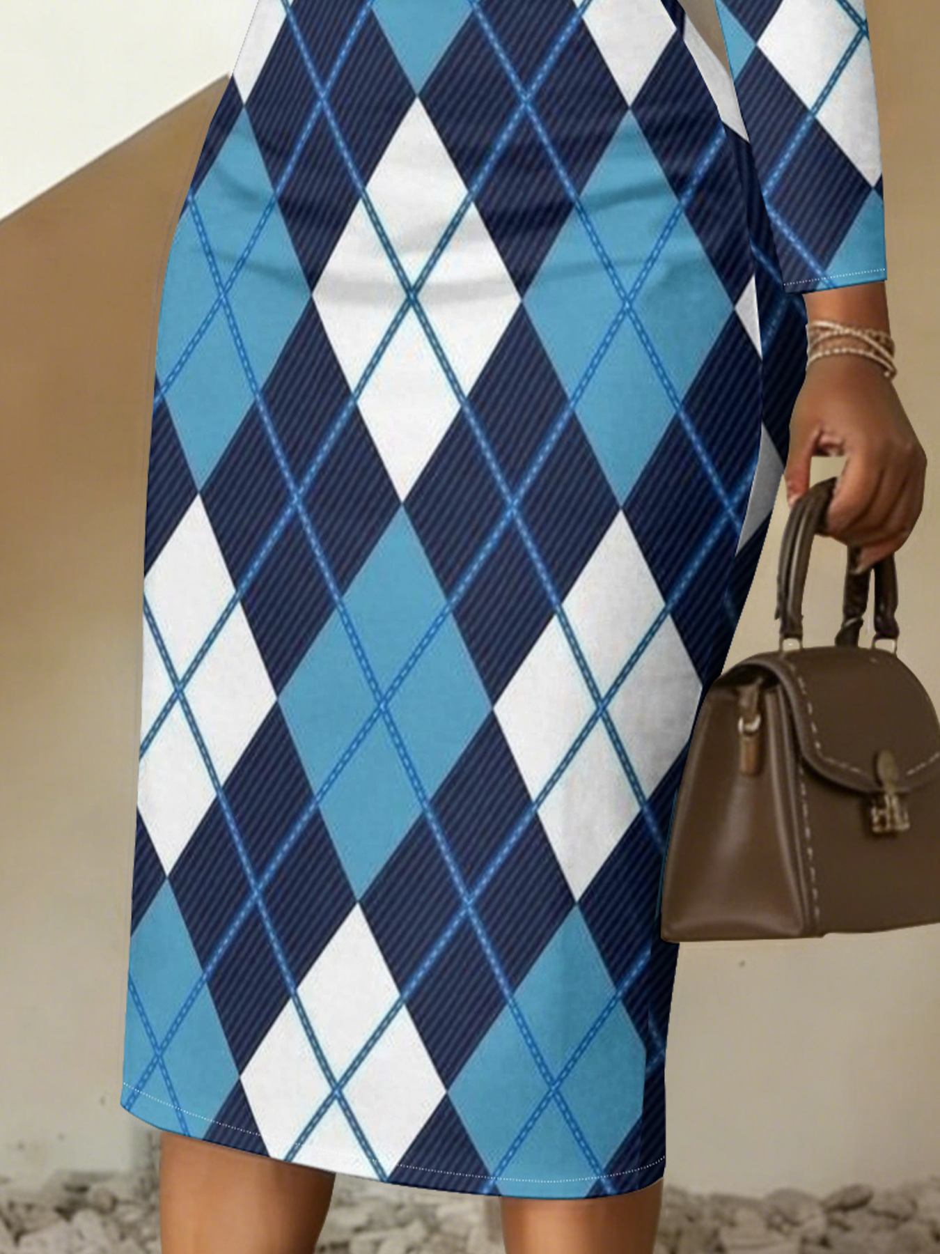 Blue Argyle V-Neck Bodycon Midi Dress