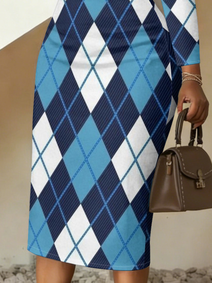 Blue Argyle V-Neck Bodycon Midi Dress