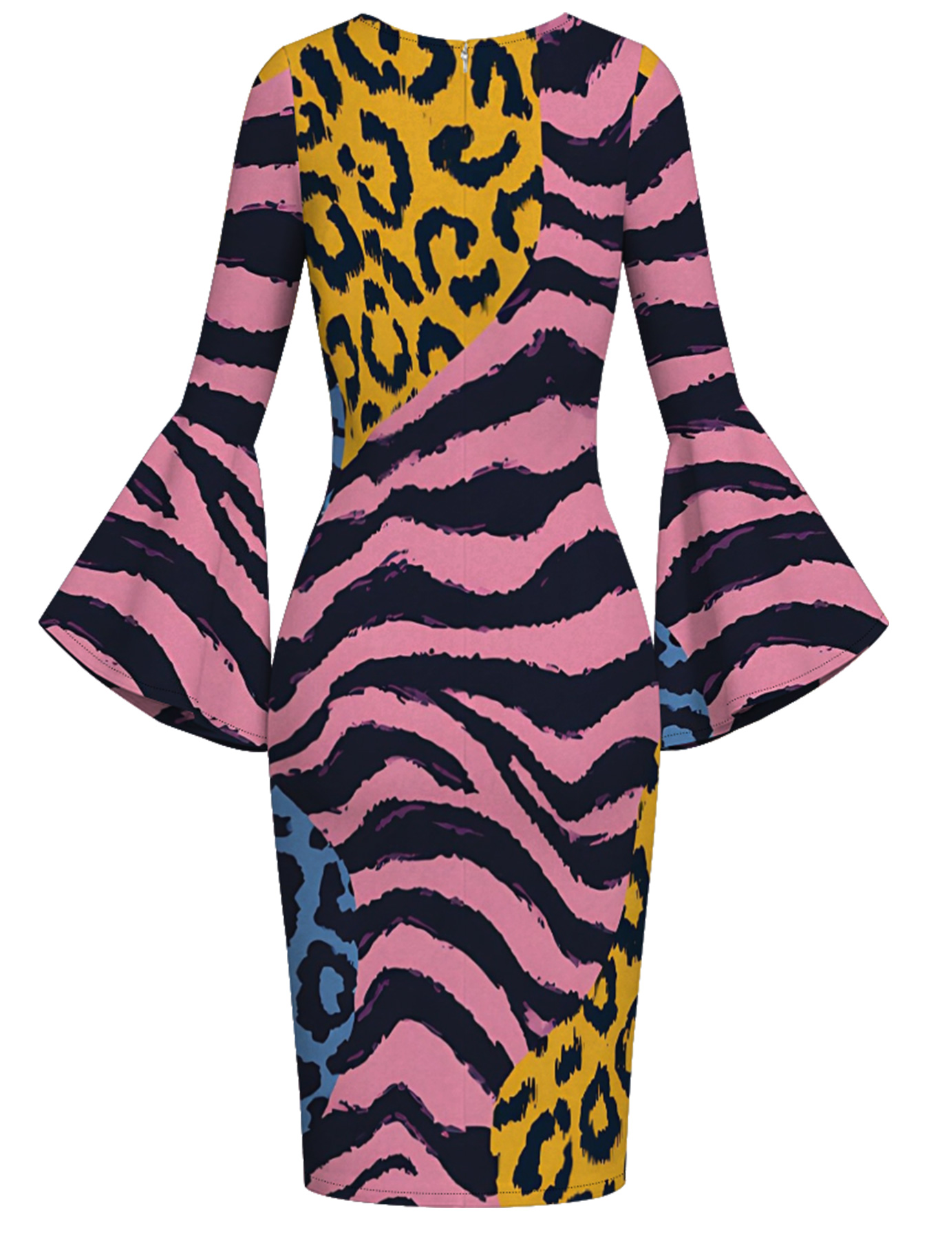 Color Block Animal Flare Sleeve Bodycon Midi Dress FGH5897