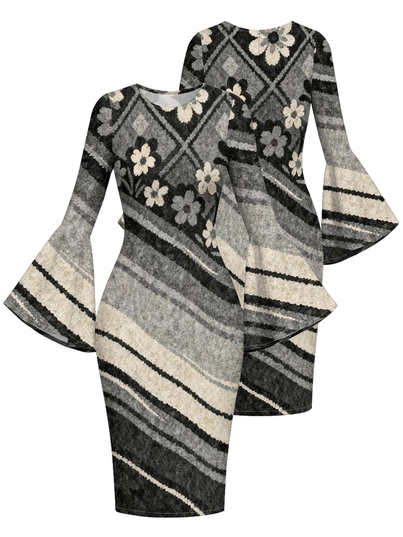 Grey Floral Flare Sleeve Bodycon Midi Dress PON420