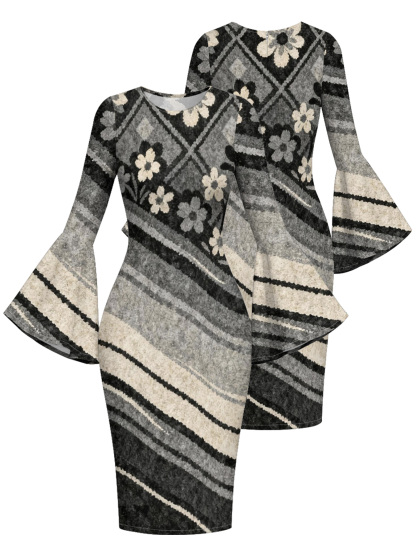 Grey Floral Flare Sleeve Bodycon Midi Dress PON420