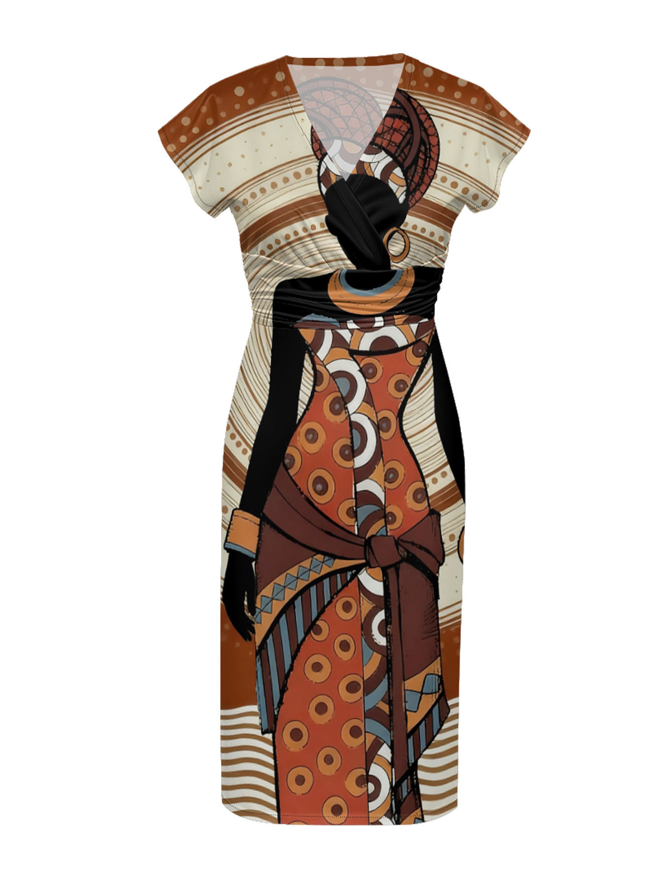 African Print Cap Sleeve V-Neck Midi Dress IJG7685