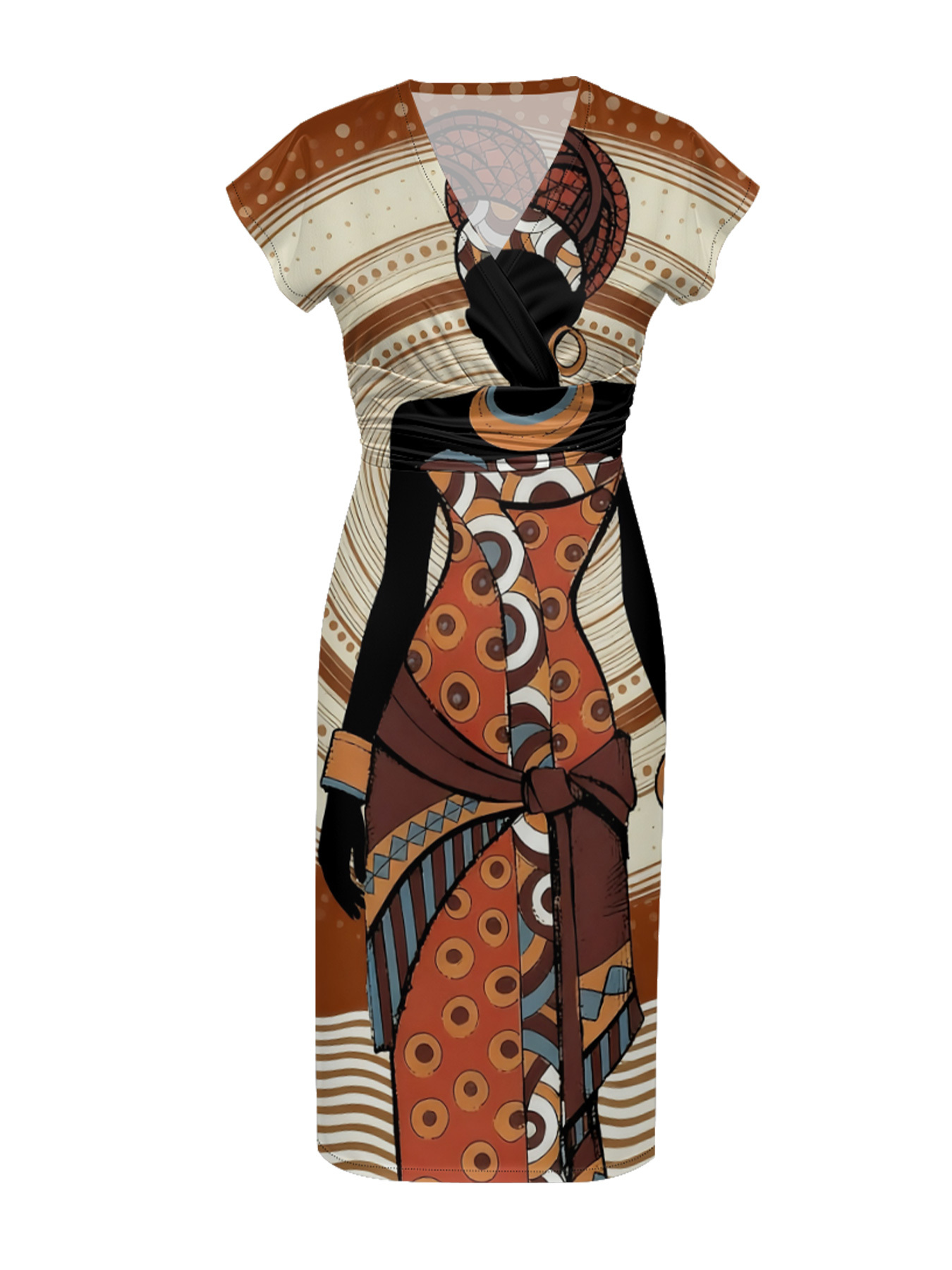 African Print Cap Sleeve V-Neck Midi Dress IJG7685