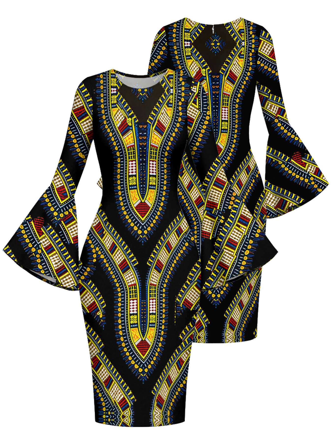 Black Dashiki Flare Sleeve Bodycon Midi Dress