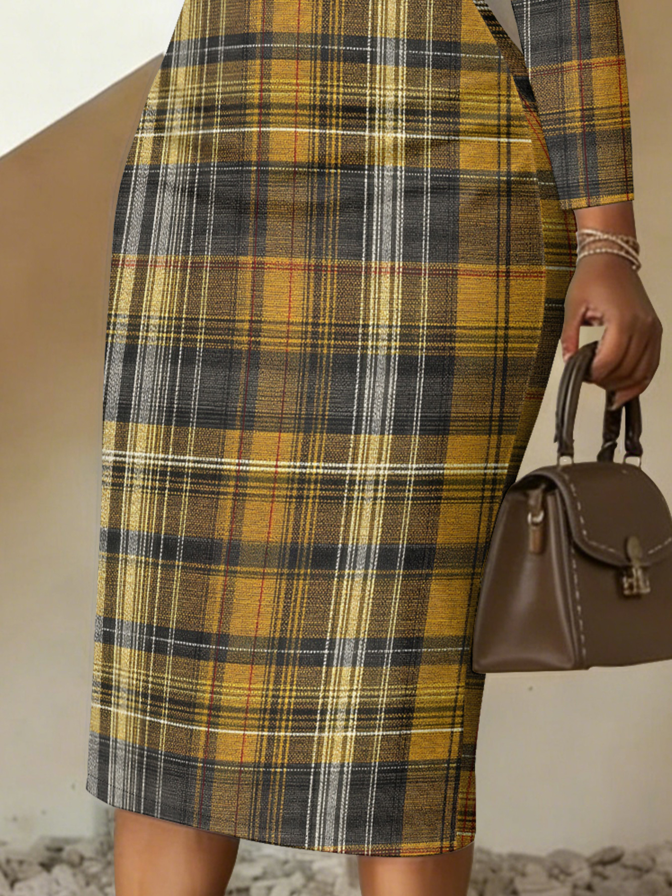 Mustard Plaid V-Neck Bodycon Midi Dress