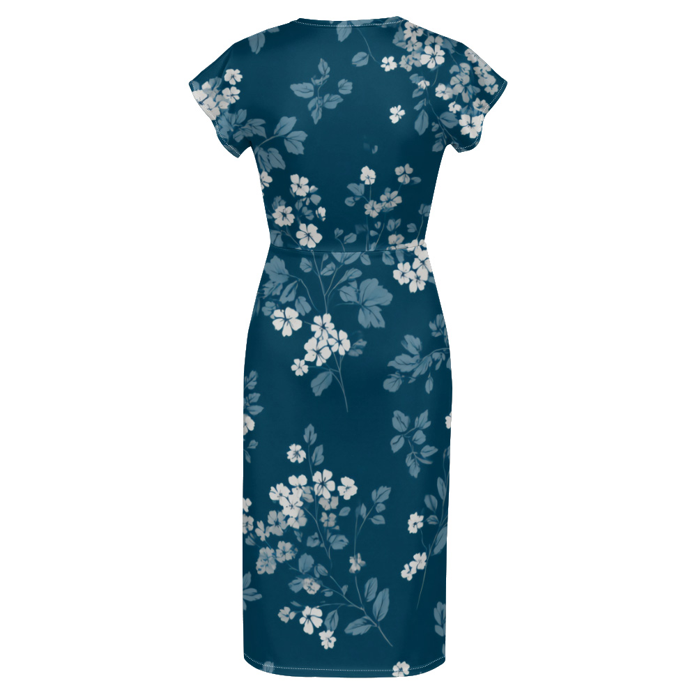 Teal & White Floral Cap Sleeve V-Neck Midi Dress ADG148