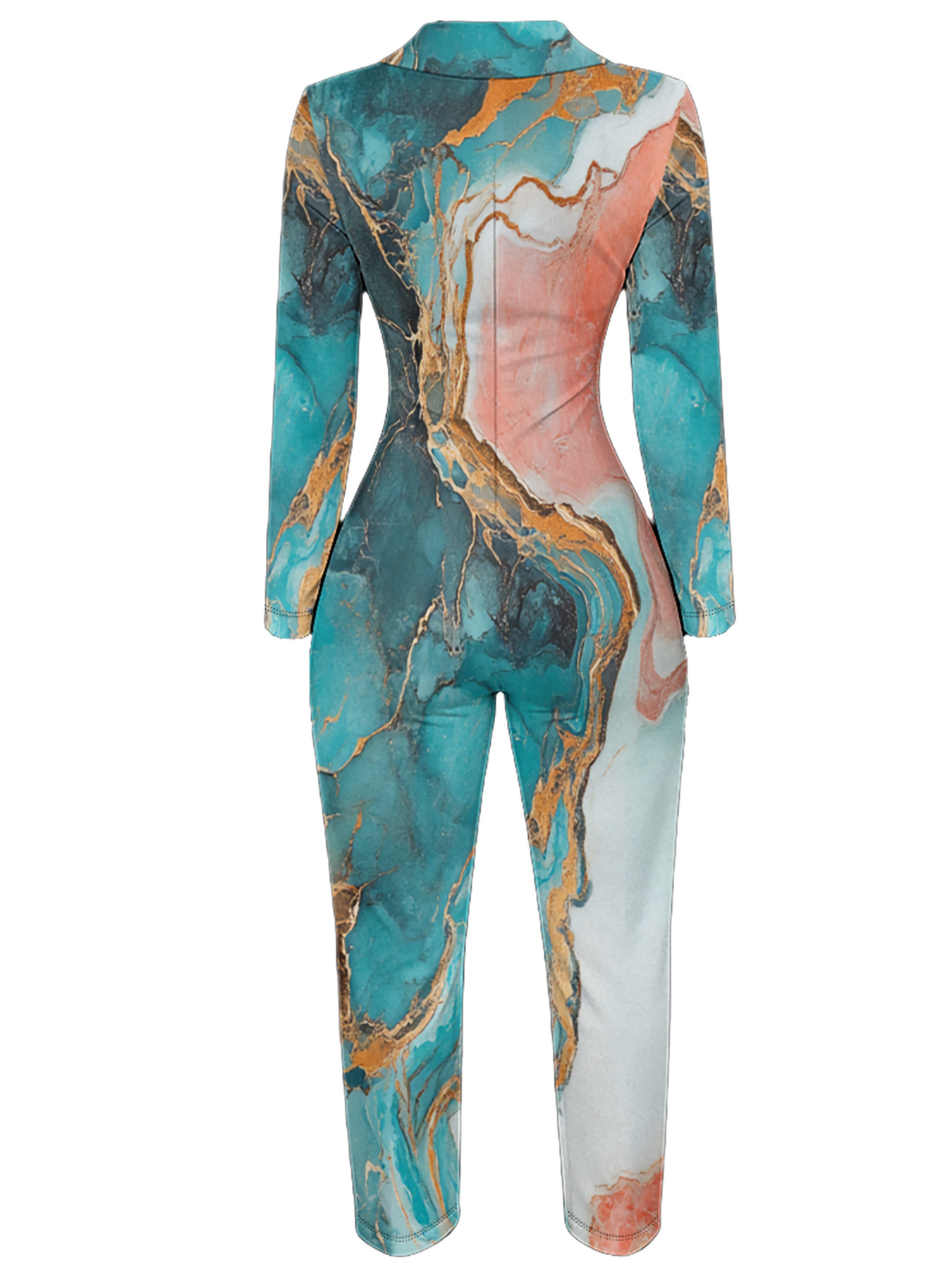 Teal & Gold Marble Long Sleeve Zip-Up Jumpsuit 