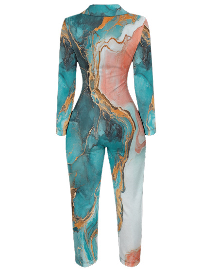 Teal & Gold Marble Long Sleeve Zip-Up Jumpsuit 