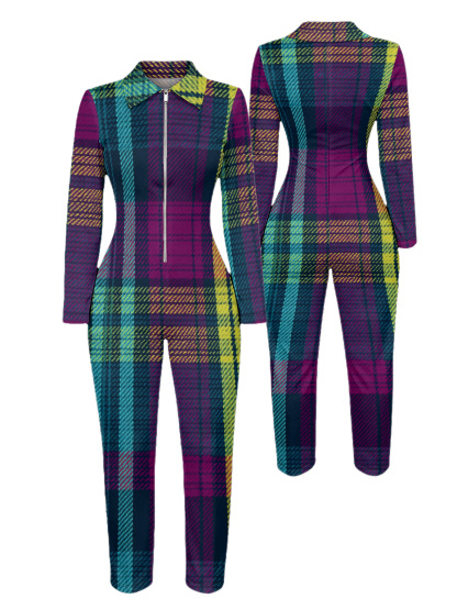 Vibrant Plaid Long Sleeve Zip-Up Jumpsuit