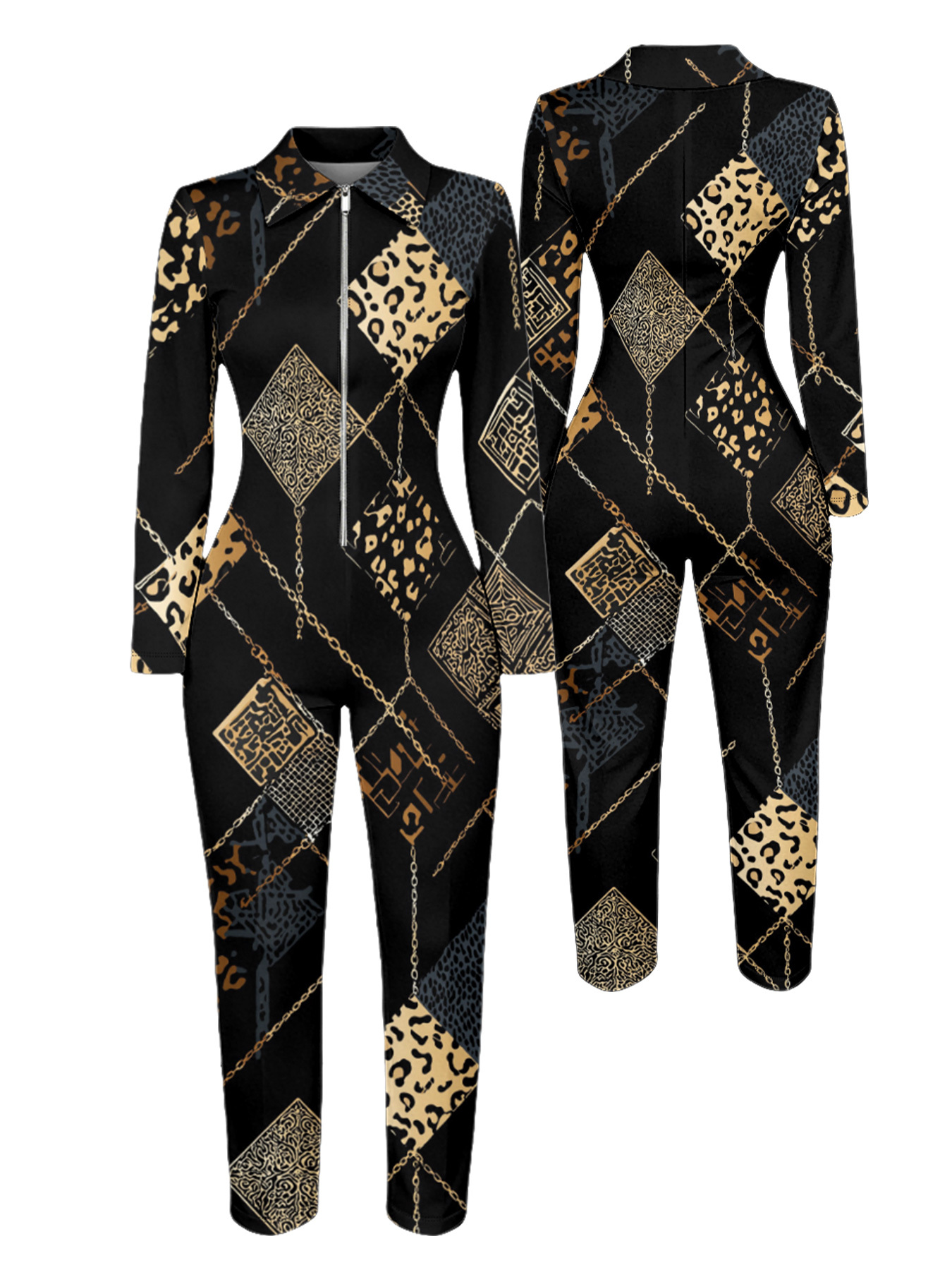 Black Leopard & Gold Chain Long Sleeve Zip-Up Jumpsuit LKJ014